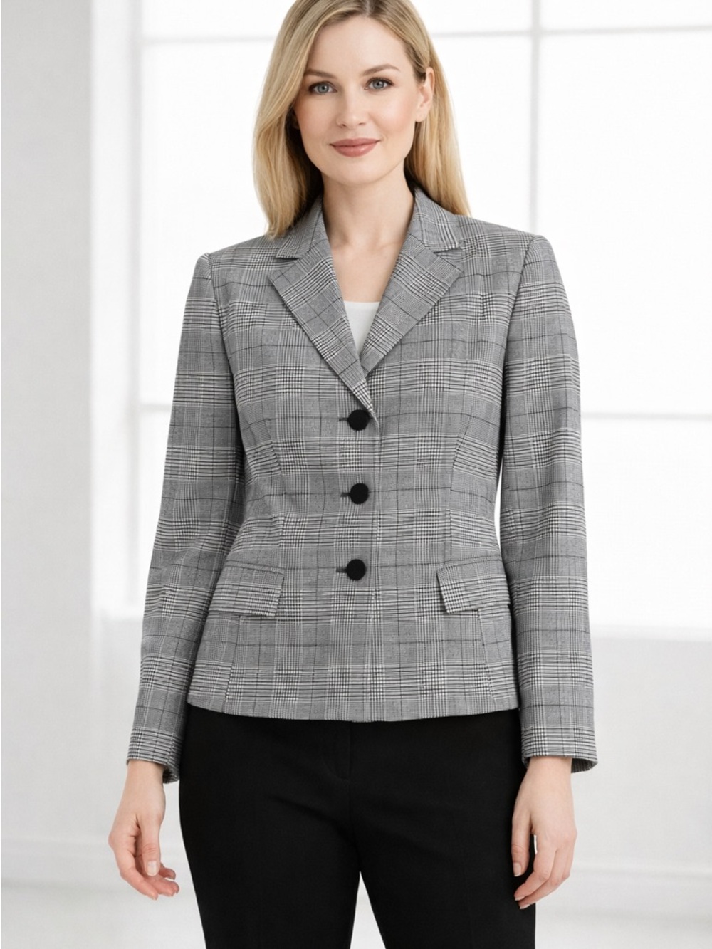 Kasper Women’s Houndstooth Plaid Blazer Jacket Classic Tailored Career Size 14P